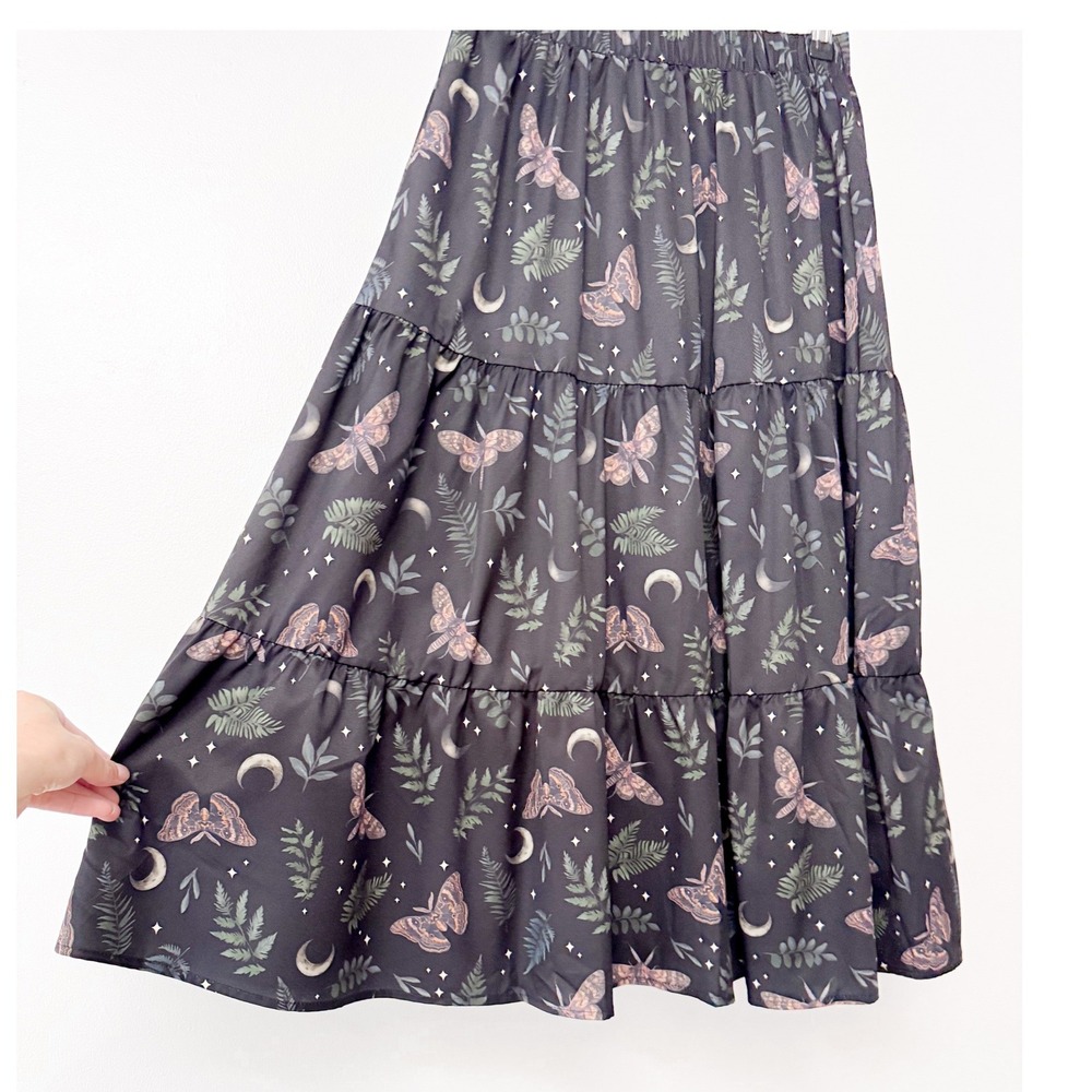 Romwe Womens Moth Moon Fern Tiered Midi Skirt Black Whimsigoth Small NWT - Picture 3 of 10